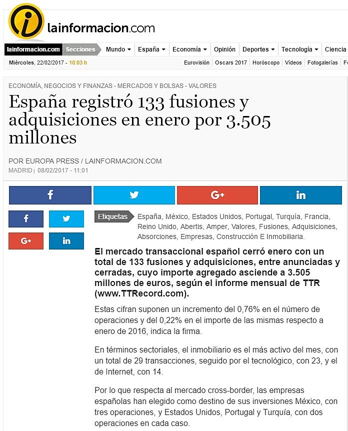 Espaa registr 133 fusiones y adquisiciones en enero por 3.505 millones